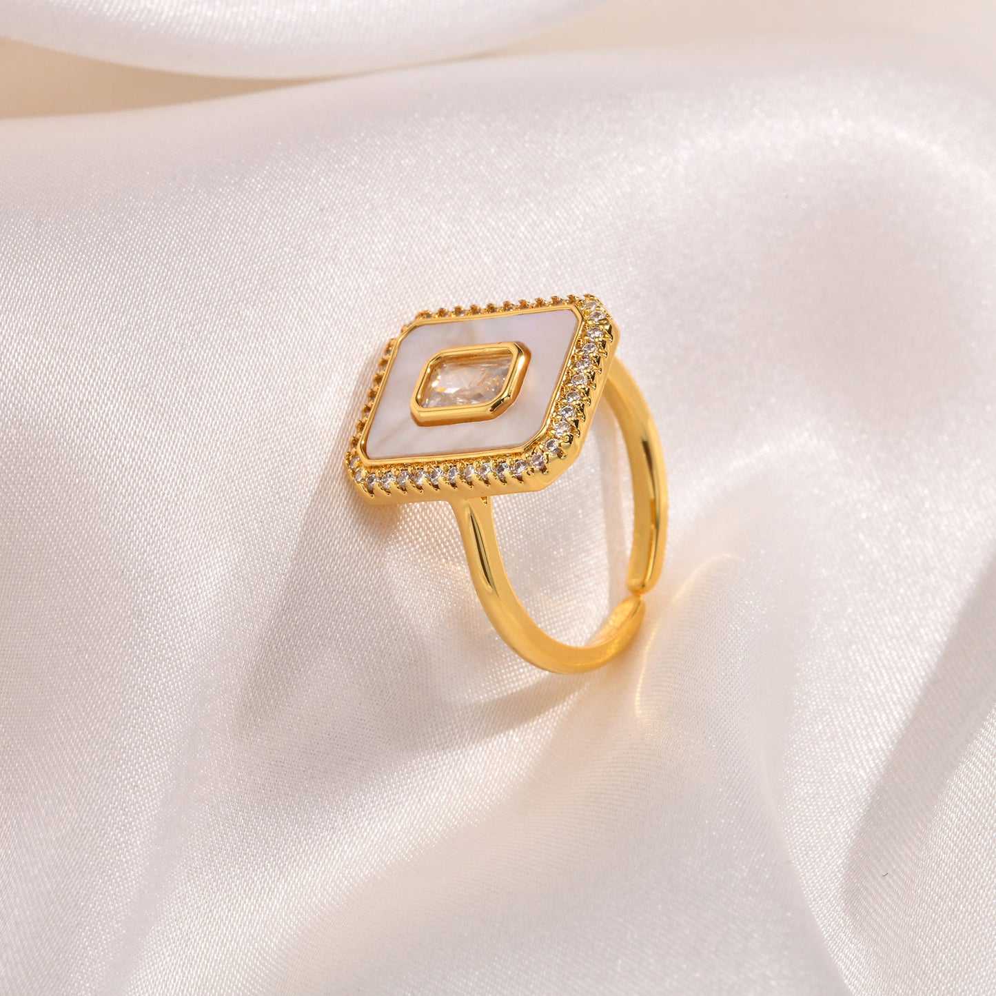 Fashion Copper Geometric Octagon Zircon Shell Open Ring Golden Lady