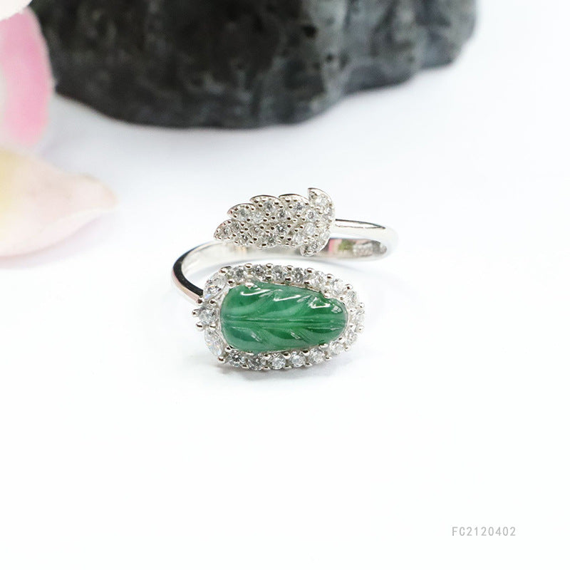 Icy Green Jadeite Leaf 925 Silver Ring