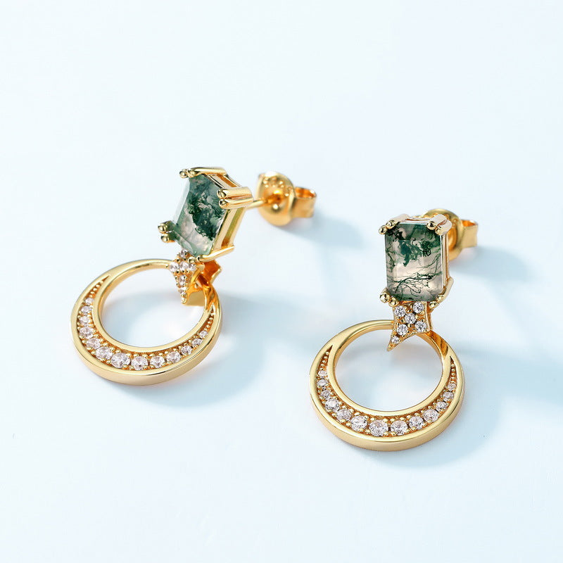 S925 Sterling Silver Moss Agate Signature Stud Earrings