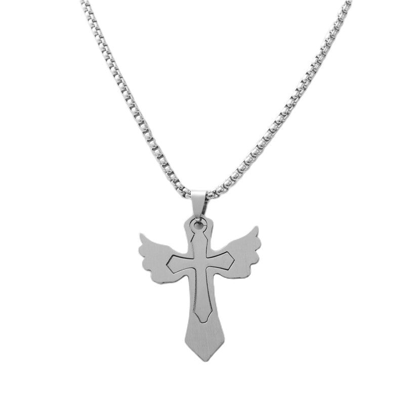 Trendy Titanium Steel Cross and Angel Wing Pendant Necklace for Men and Women
