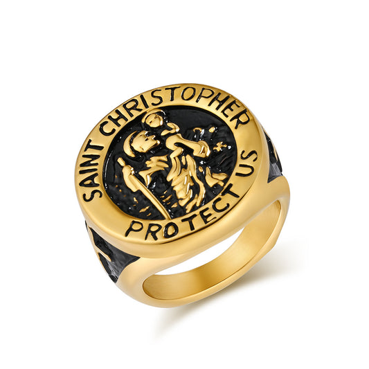 Planderful St Christopher Titanium Steel Ring For Men Retro Punk Street Style Premium Hand Jewelry Everyday Genie