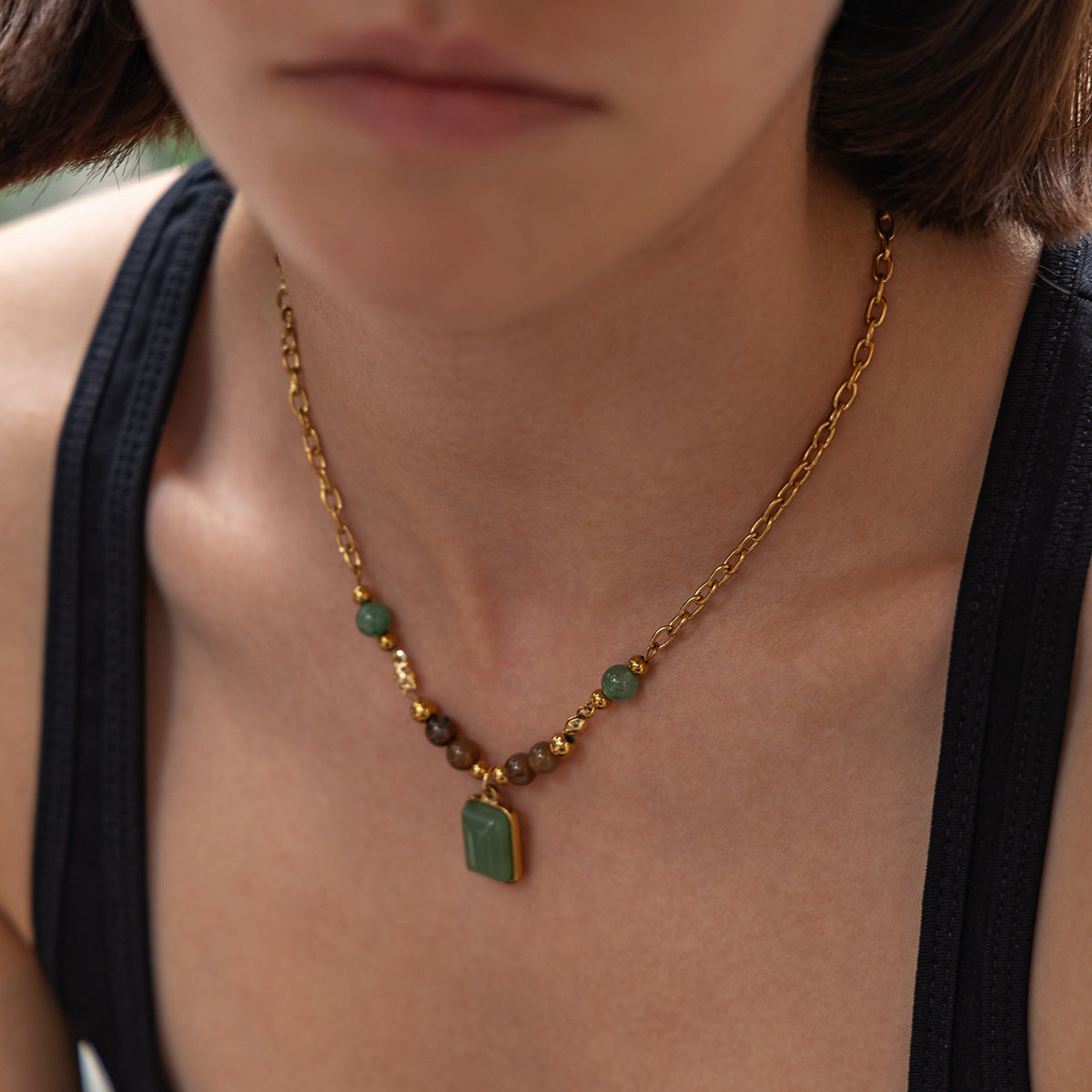 Vacation Gravel Pendant Beaded Collarbone Chain Retro Colored Gemstone Stainless Steel Neck Necklace