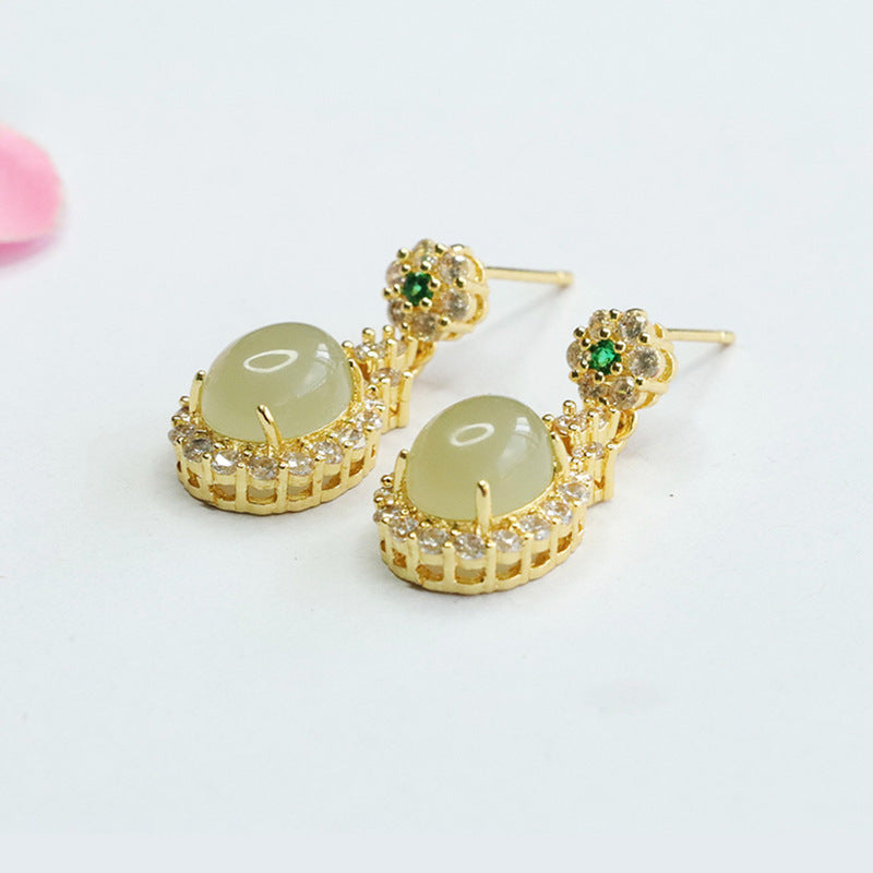 Natural Hotan Jade Earrings Oval Jade Zircon Earrings Jewelry