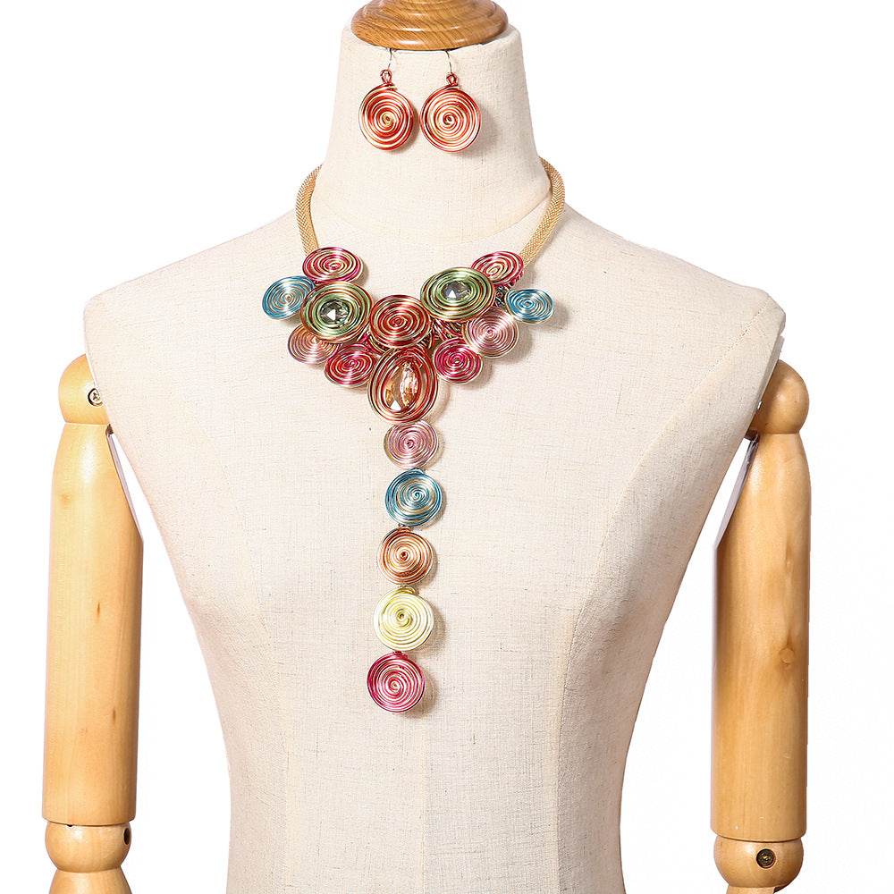 Exaggerated Aluminum Wire Weave Necklace with Tassel Pendant - Savanna Rhythms Collection