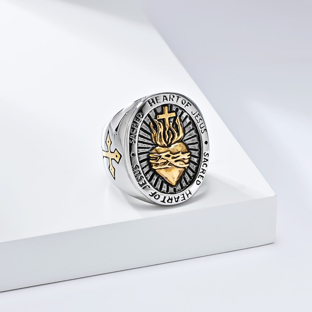 Titanium Steel Cross Ring for Men with Heart Design
