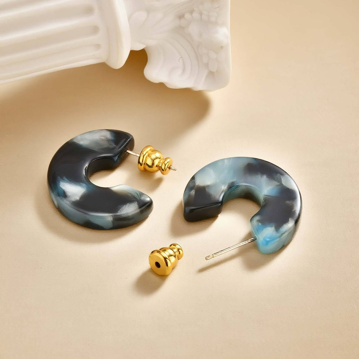 Dark Teal Marbled Resin Open Hoop Earrings