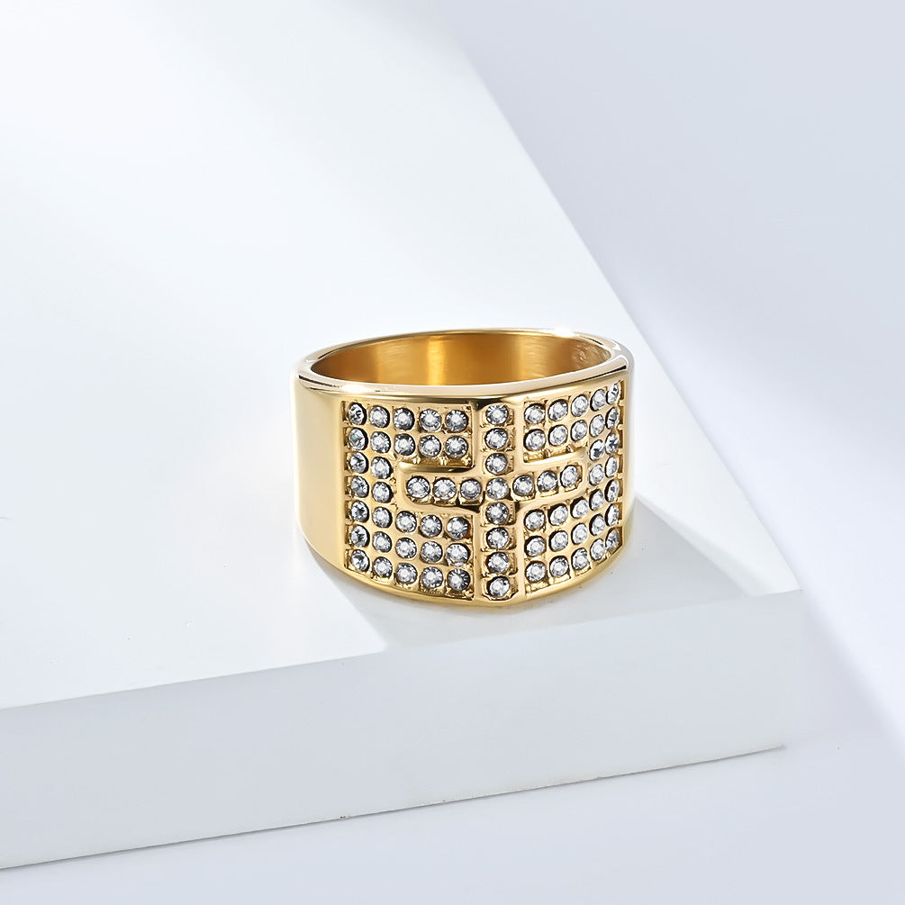 Planderful Mens Stainless Steel Gold Plated Ring With Full Zircon Cross Hip Hop Style Jewelry