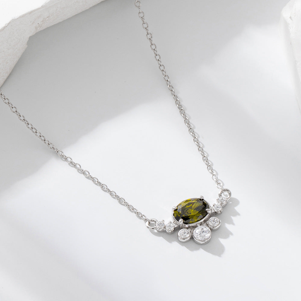 S925 Sterling Silver Egg-Shaped Olive Green Zircon Pendant Necklace Wind Color Treasure Necklace