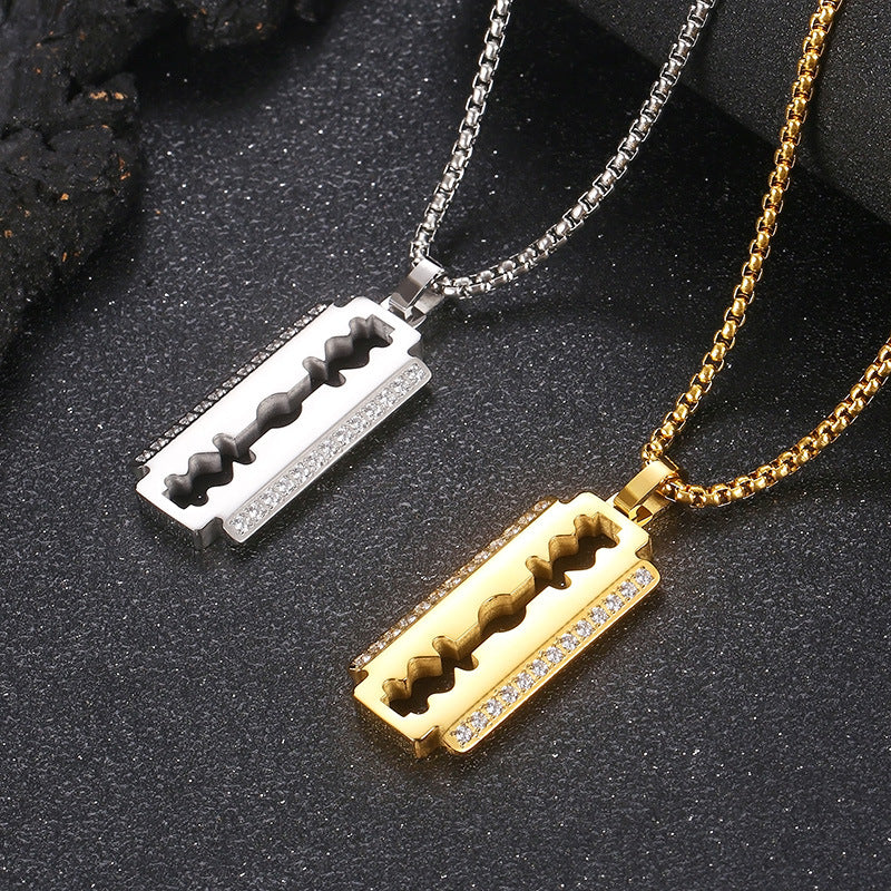 Hip Hop, Rock Street Vacuum Plated Cnc Inlaid Zircon Blade Square Pearl Titanium Necklace