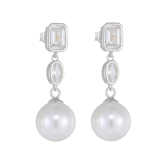 Round Pearl Pendant Emerald Cut and Oval Zircon Sterling Silver Drop Earrings