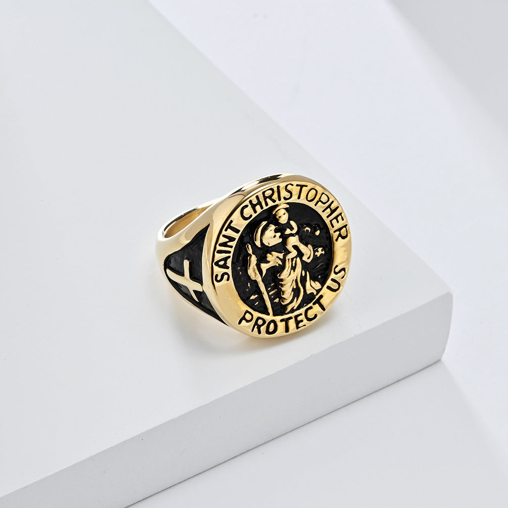 Planderful St Christopher Titanium Steel Ring For Men Retro Punk Street Style Premium Hand Jewelry Everyday Genie