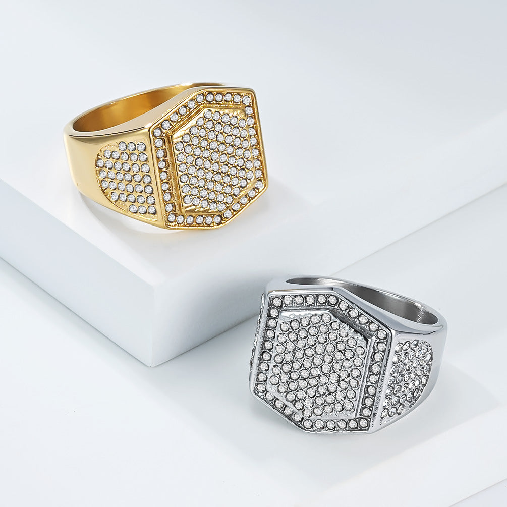 Stainless Steel Plated K Gold Full Zircon Ring Men's Street