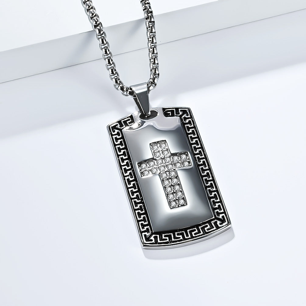Planderful Cross Necklace For Men Titanium Steel Great Wall Pattern Bold Army Style Niche Personality Pendant