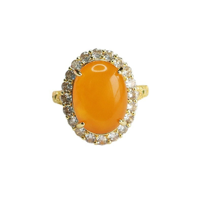 Luxurious Beeswax Amber Sterling Silver Ring with Zircon Halo