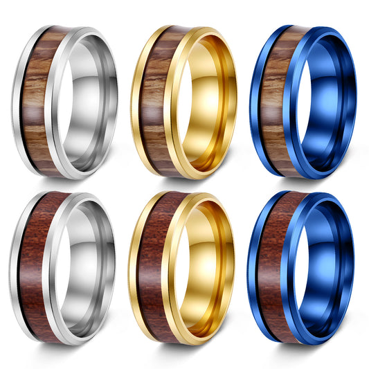 Planderful Everyday Genie Teak Inlaid Titanium Steel Couple Ring Unisex Durable Wedding Band