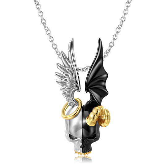 Halloween Angel Demon Double Face Skull Silver Necklace