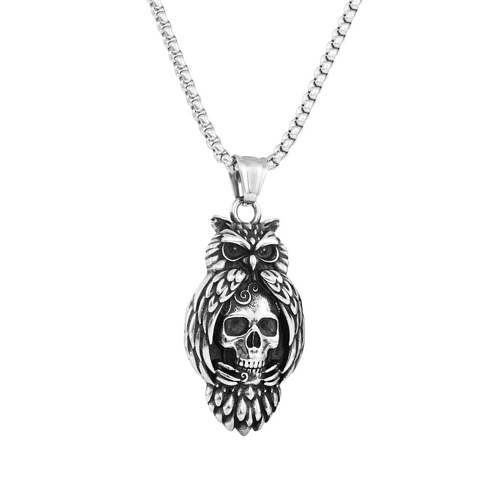 New Stainless Steel Owl Pendant Retro Skull Necklace for Men