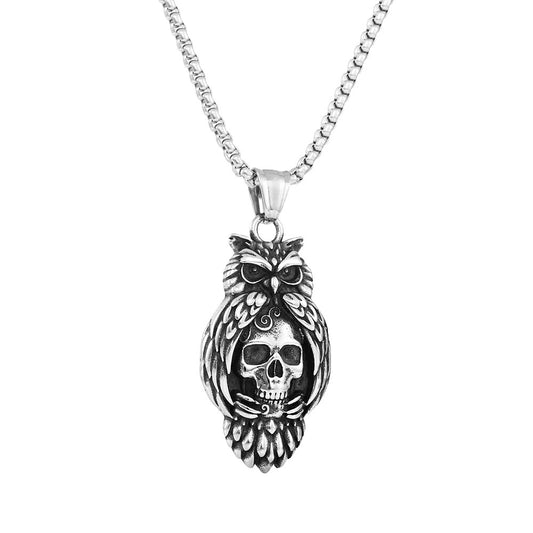 New Stainless Steel Owl Pendant Retro Skull Necklace for Men