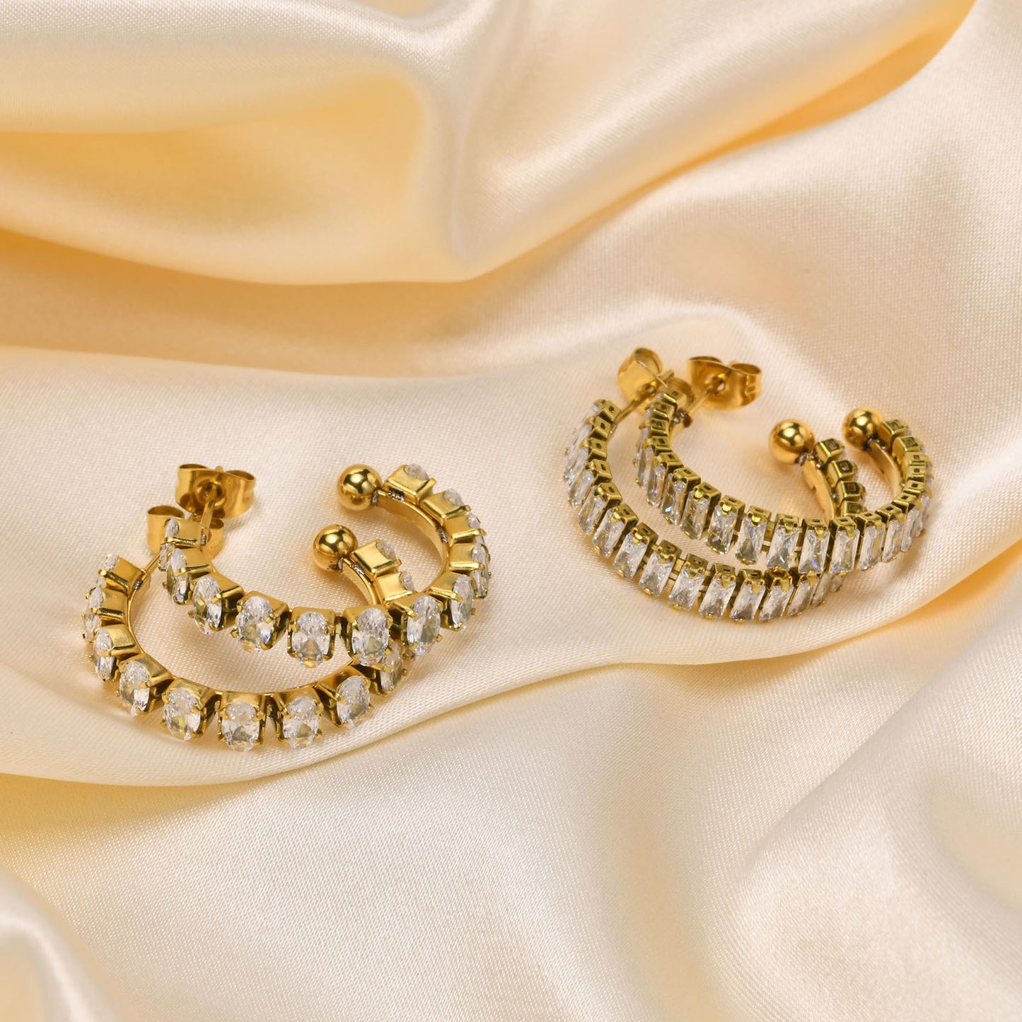 Stainless Steel White Zircon 18K Gold U-Shaped Earrings Women's