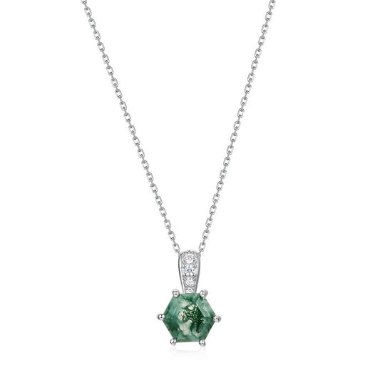 Planderful Jewelry Sterling Silver Hexagonal Green Moss Agate Necklace For Collarbone Luxury Everyday Genie