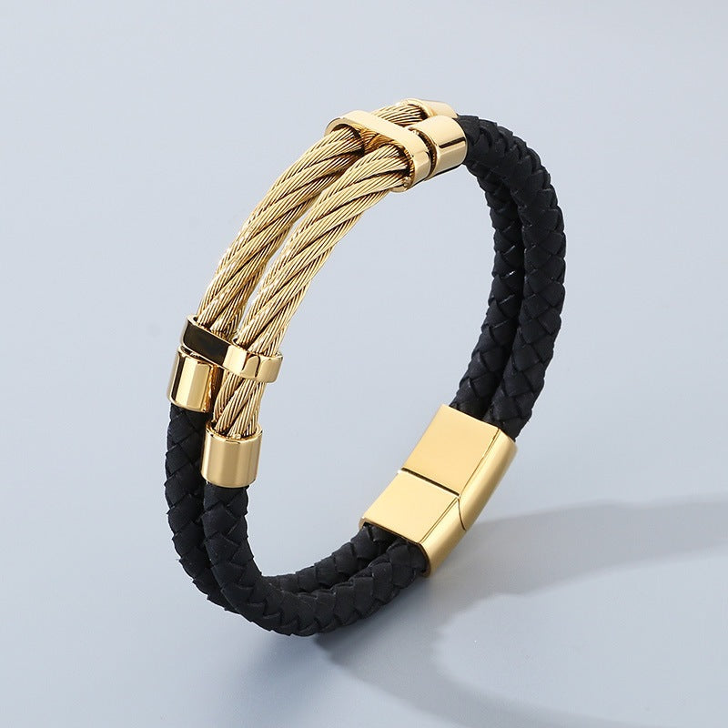 Business Style Black Double Leather Rope Leather Bracelet Layered Stainless Steel