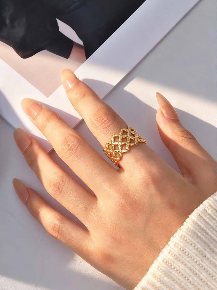 Stainless Steel Lines Folded Rhombus Geometric Irregular Opening Ring