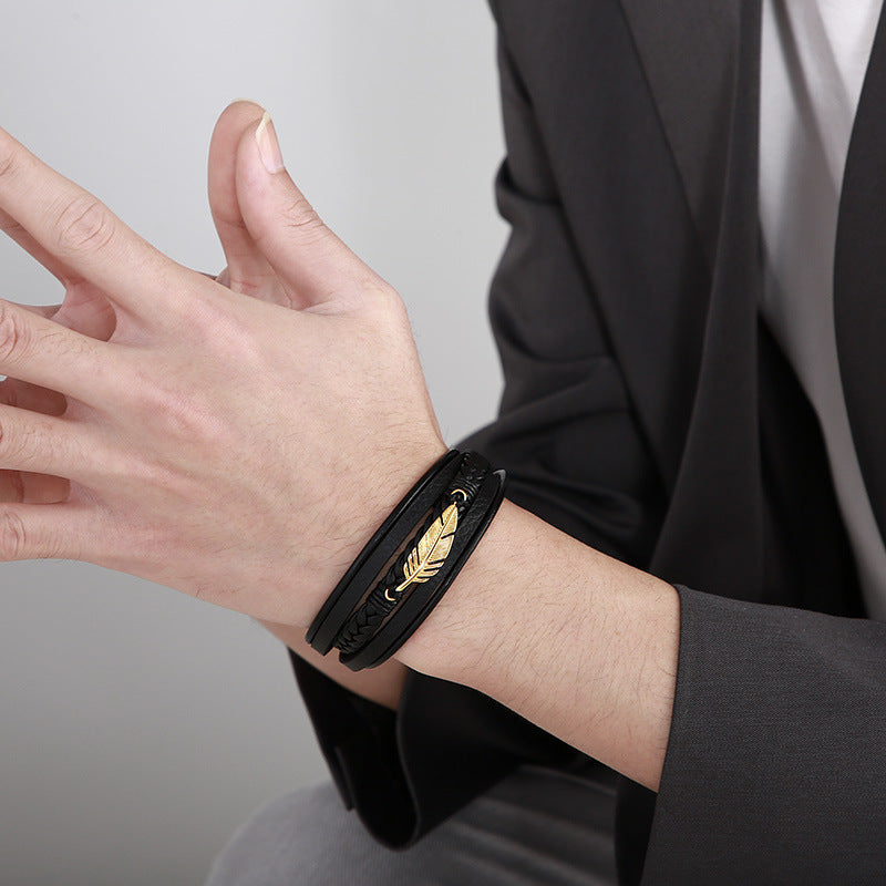 Men's Stainless Steel Feather Bracelet Planderful Layered