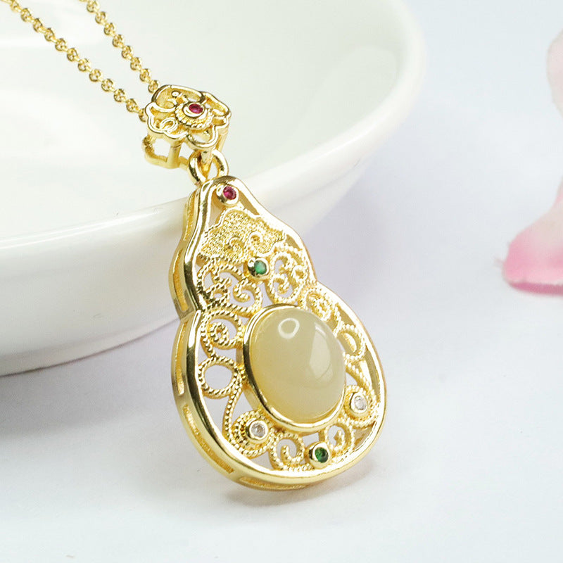 Hollow Gourd Fortune's Favor Sterling Silver Jade Pendant