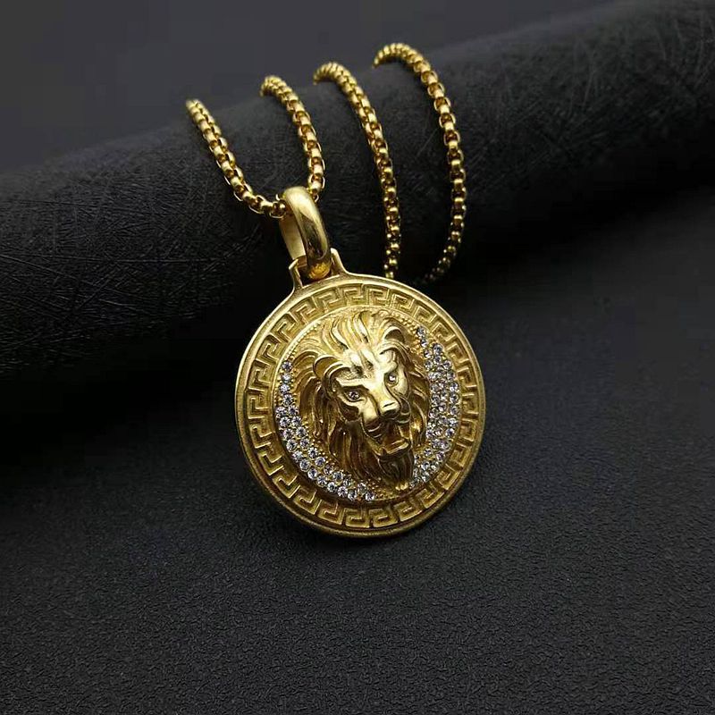 Planderful Everyday Genie Lion Head Pendant Necklace In Steel For Hip Hop Fans Diamond Disc Gold Plated