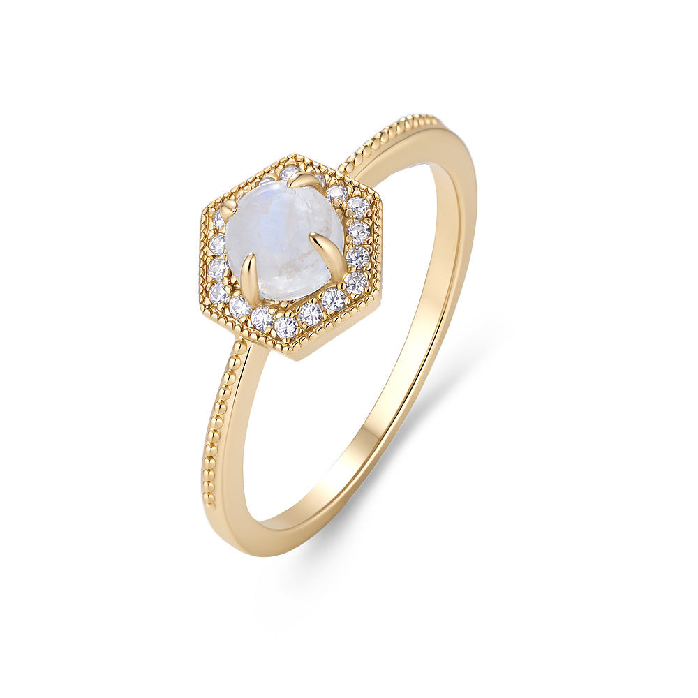 S925 Sterling Silver Geometric Hexagonal Natural Moonstone Ring