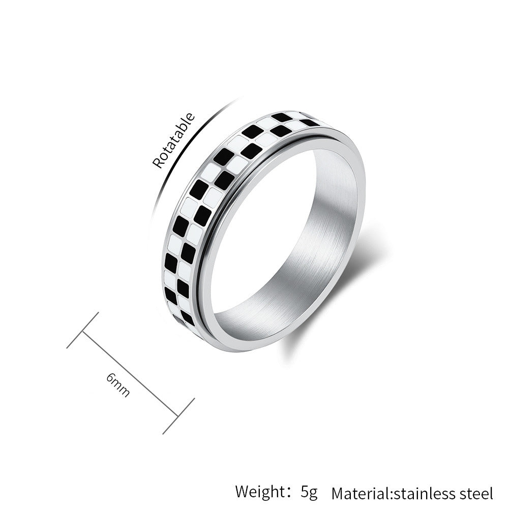 Planderful Rotating Plaid Ring For Women Black And White Niche Design High End Steel Jewelry