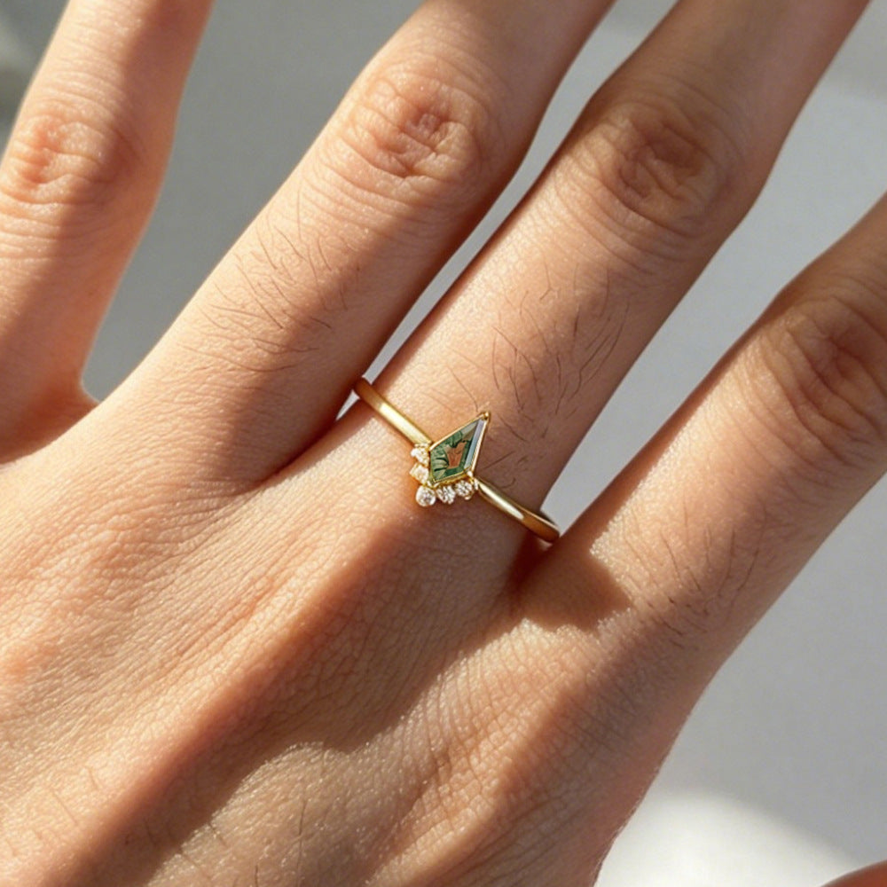 Natural Aquatic Plant Agate Ring S925 Pure Silver Geometric Green Moss Stone Zircon