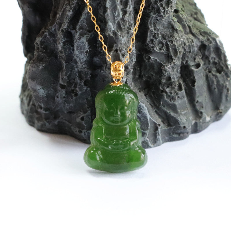 Buddha Baby Jasper Pendant Necklace with Sterling Silver and Hetian Jade