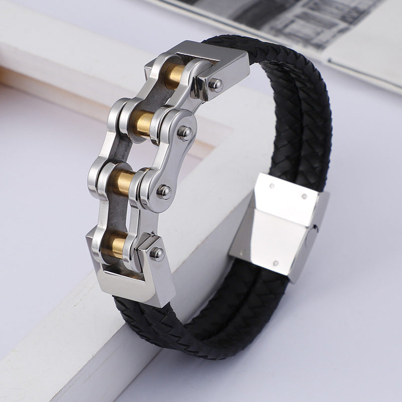Planderful Men Punk Chain Leather Bracelet Stainless Steel