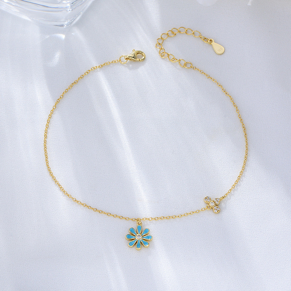 Japan And Korea Small Daisy Anklet Sterling Silver Summer Versatile Fresh Flower Anklet Bracelet
