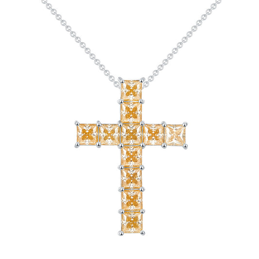 1.0 Carat Princess Cut Yellow Moissanite Cross Silver Necklace