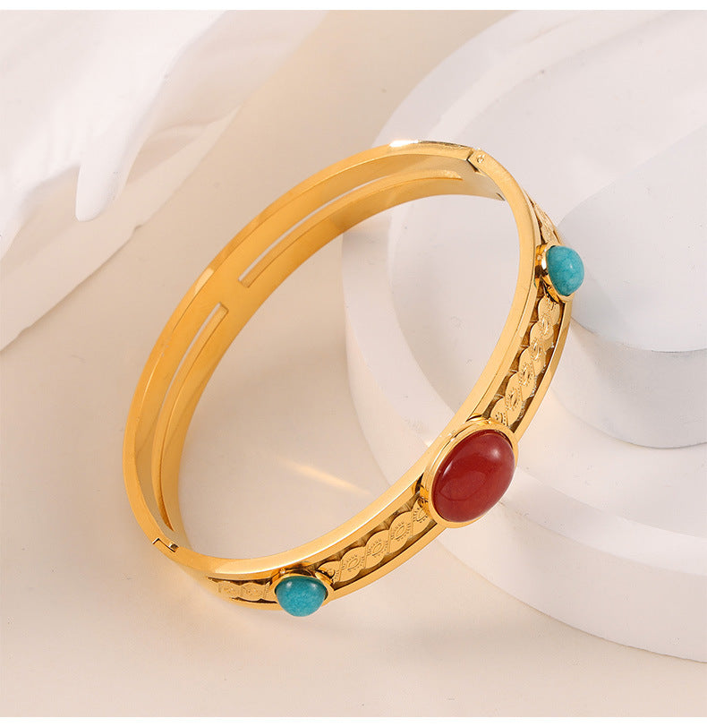 Golden Glaze Natural Stone Bracelet with Retro Design