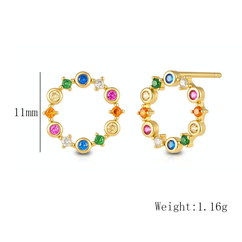 Color Zircon Hollow Circle Stud Earrings 925 Sterling Silver Retro Zircon Rainbow Earrings