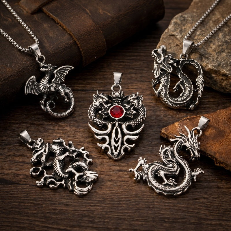 Chinese Style Retro Zodiac Dragon Necklace Stainless Steel Double Dragon Play Bead Pendant