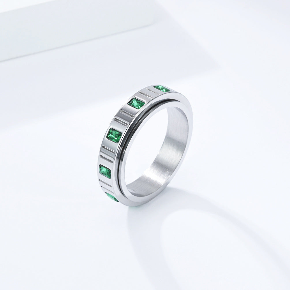 Planderful Everyday Genie Rotating Ring Green Zircon For Women Stainless Steel Elegant Decompression Jewelry