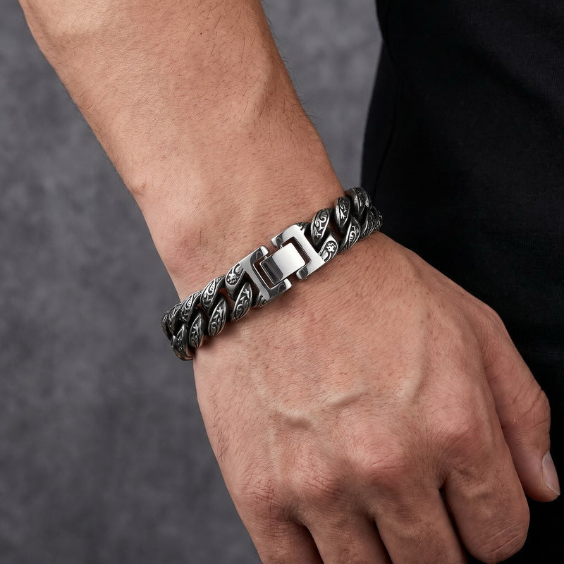 Cast Pattern – Punk Style 13mm Tang Grass Pattern Cuban Chain Titanium Steel Men's Bracelet