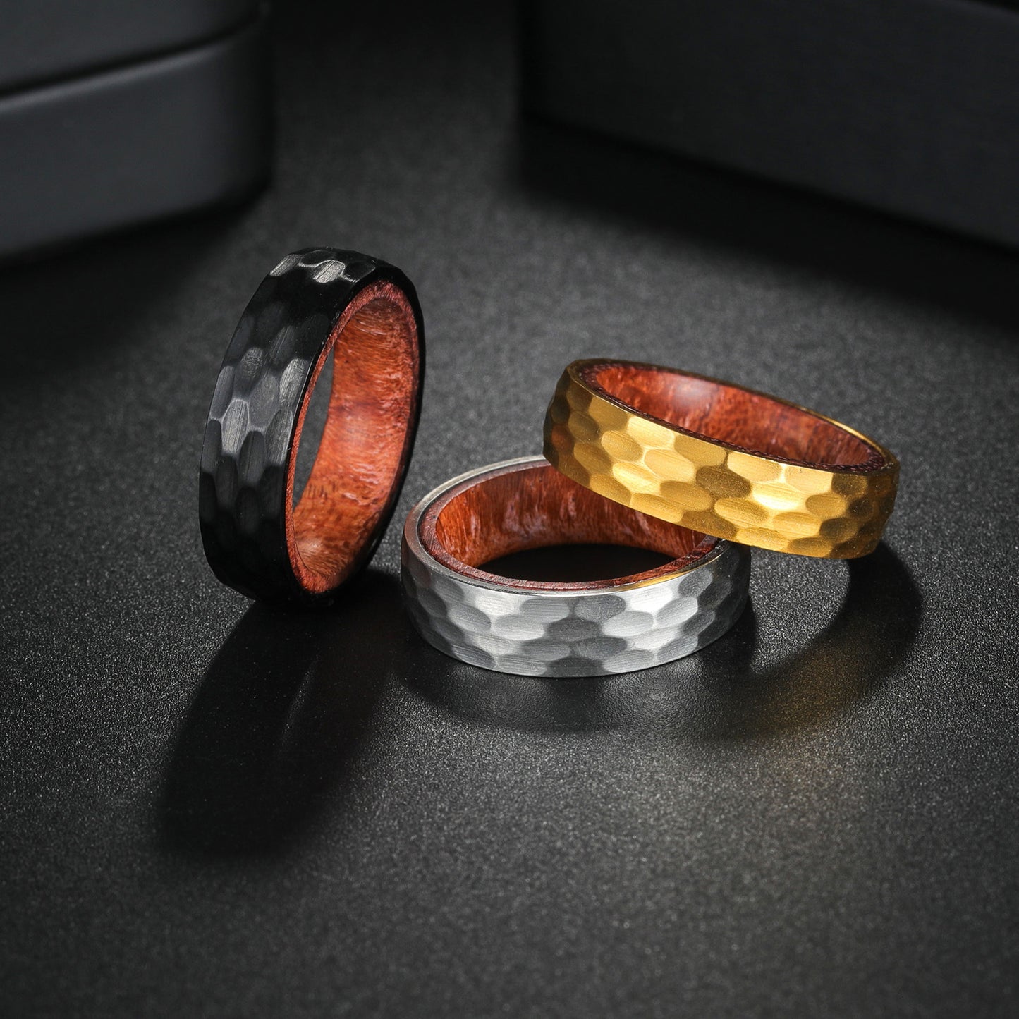 Planderful Everyday Genie Premium Couple Rings Titanium Hammered Outer Ring Solid Wood Inlay Unisex Wedding Band