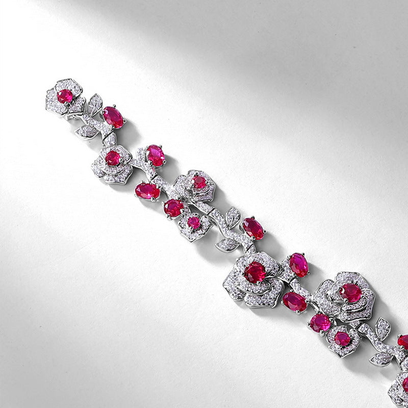 Planderful Gala Fireworks – Cross-border New Light Luxury Retro Pigeon Blood Red Lab Grown Ruby Bracelet S925 Sterling Silver Rose Colored Treasure Jewelry Women