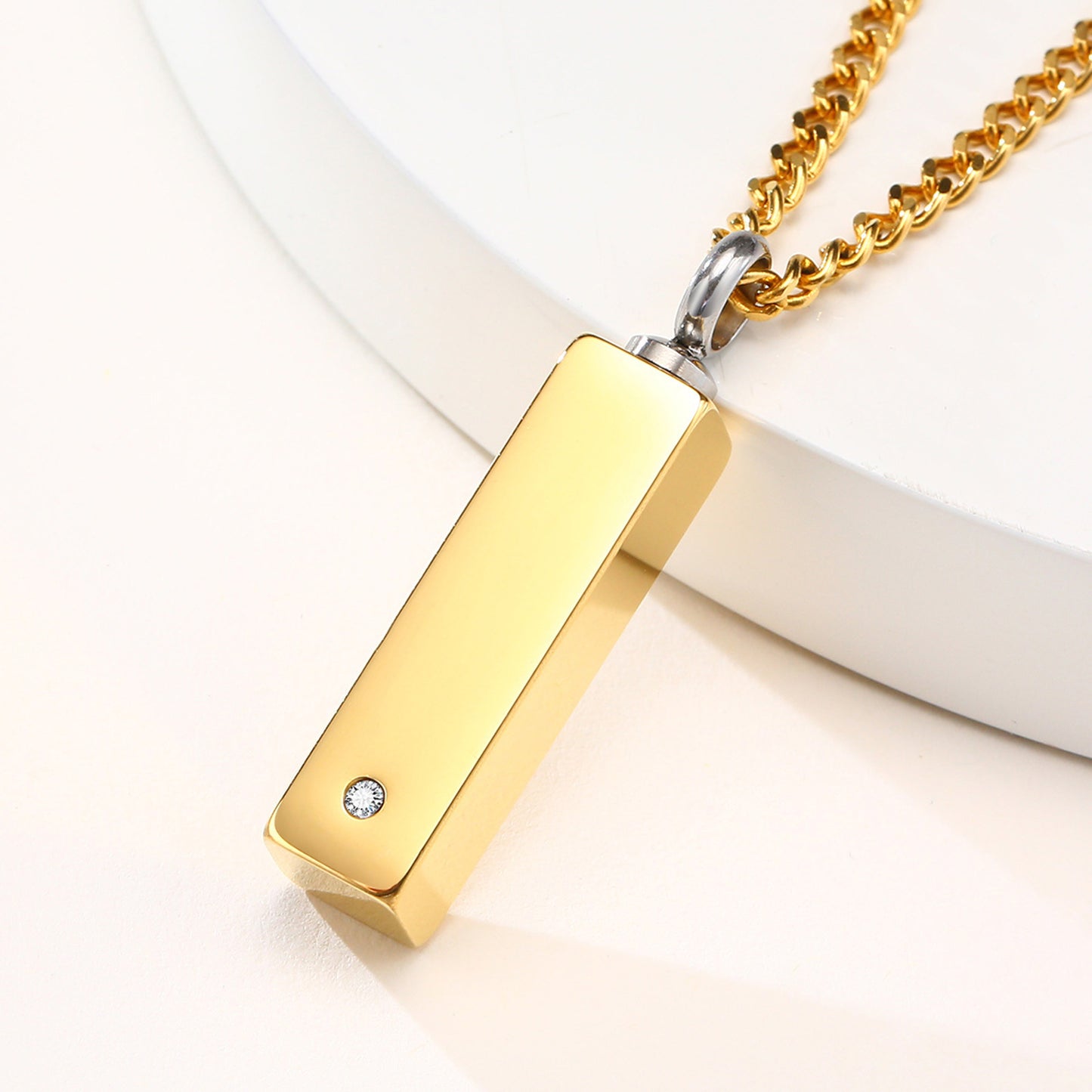 Stainless Steel Rhinestone Cuboid Urn Pendant Gold Necklace