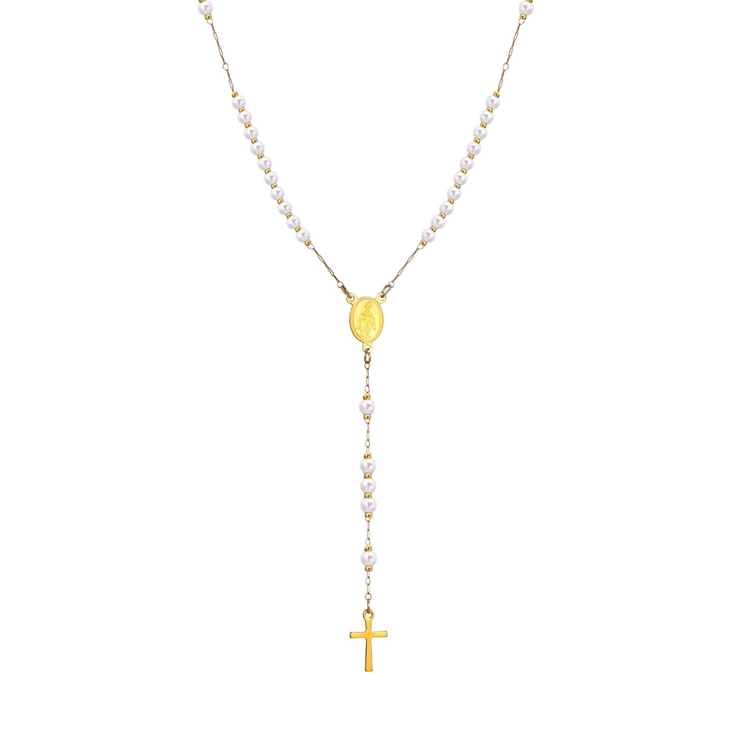 Ladies Stainless Steel Virgin Mary Cross Beaded Necklace Gold