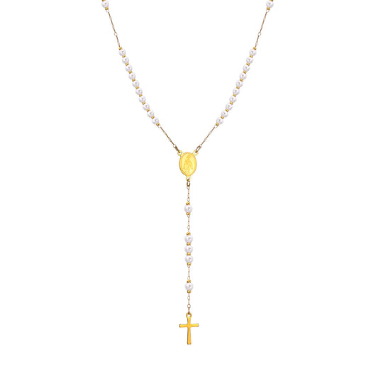 Ladies Stainless Steel Virgin Mary Cross Beaded Necklace Gold