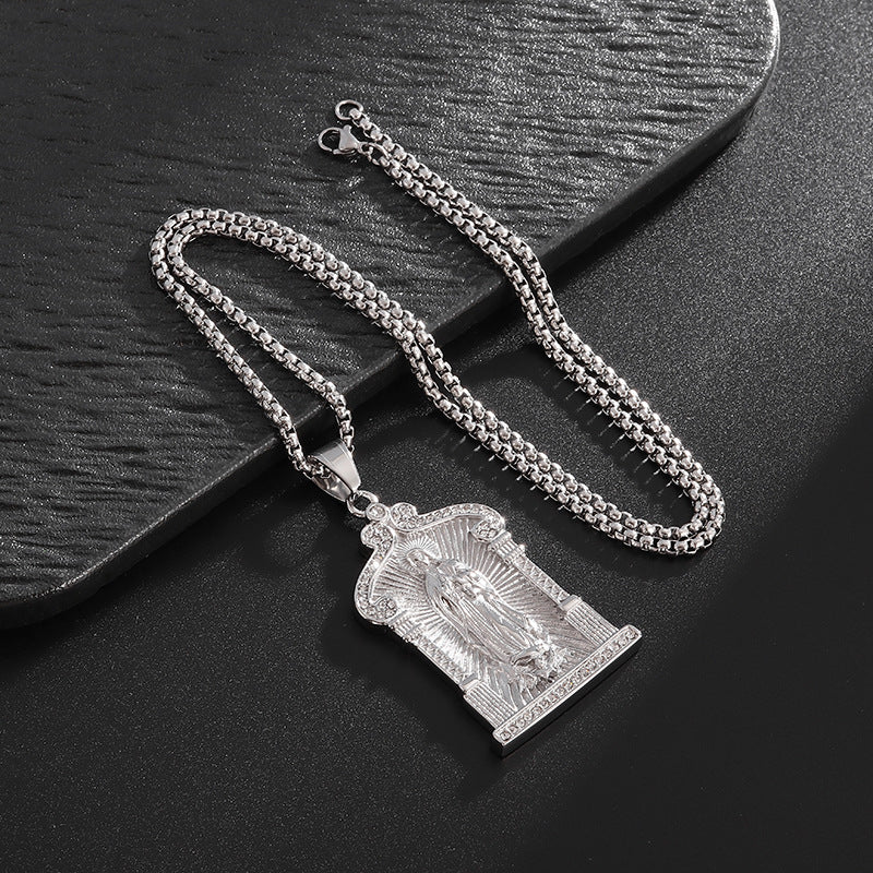 Planderful Maria Pendant Necklace For Men Titanium Steel Gold Plated 18K Rhinestone Hip Hop Style