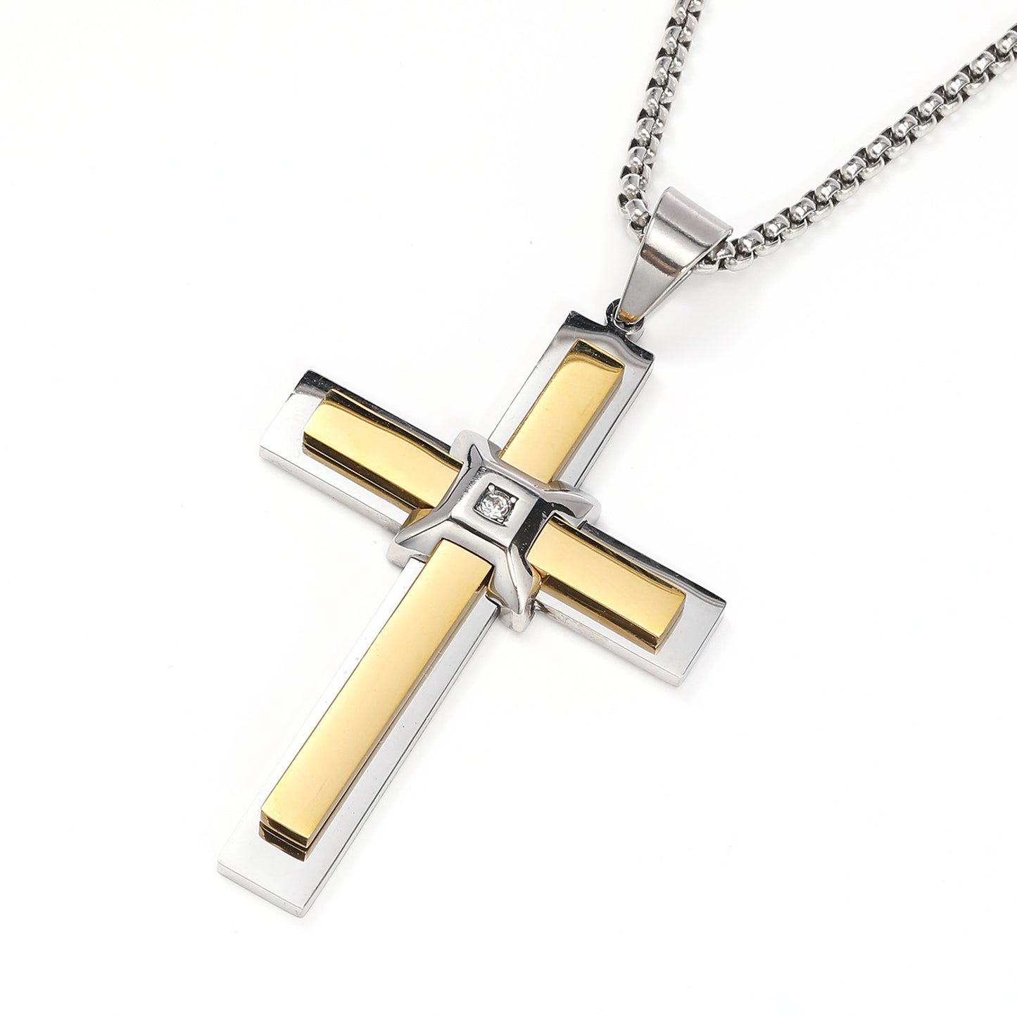 Planderful Mens Cross Pendant Necklace Titanium Steel With Zircon Inlay Gift For Him