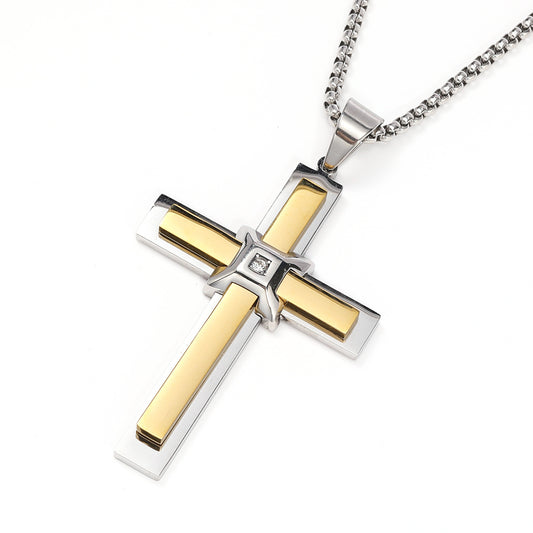 Planderful Mens Cross Pendant Necklace Titanium Steel With Zircon Inlay Gift For Him