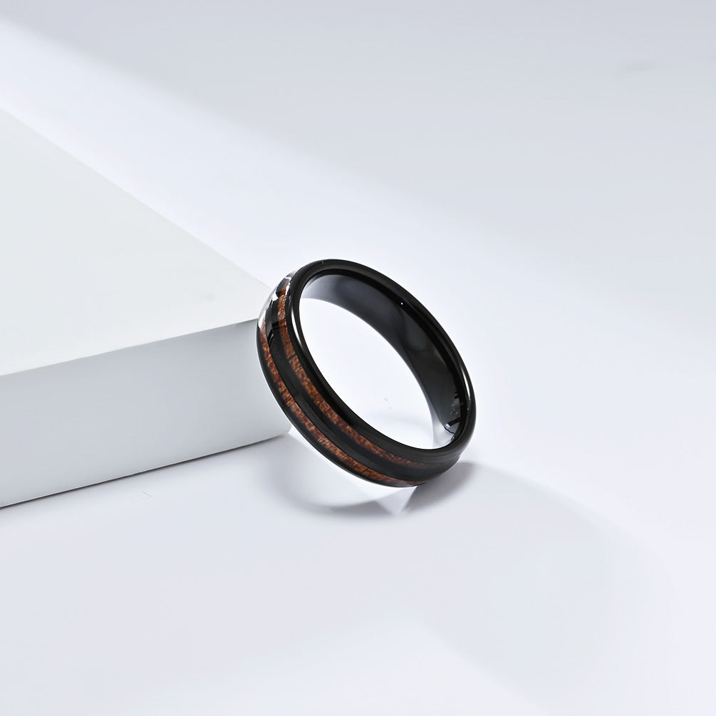 Planderful Tungsten Steel Ring With Parquet Wood Inlay Double Groove Unisex Couple Ring